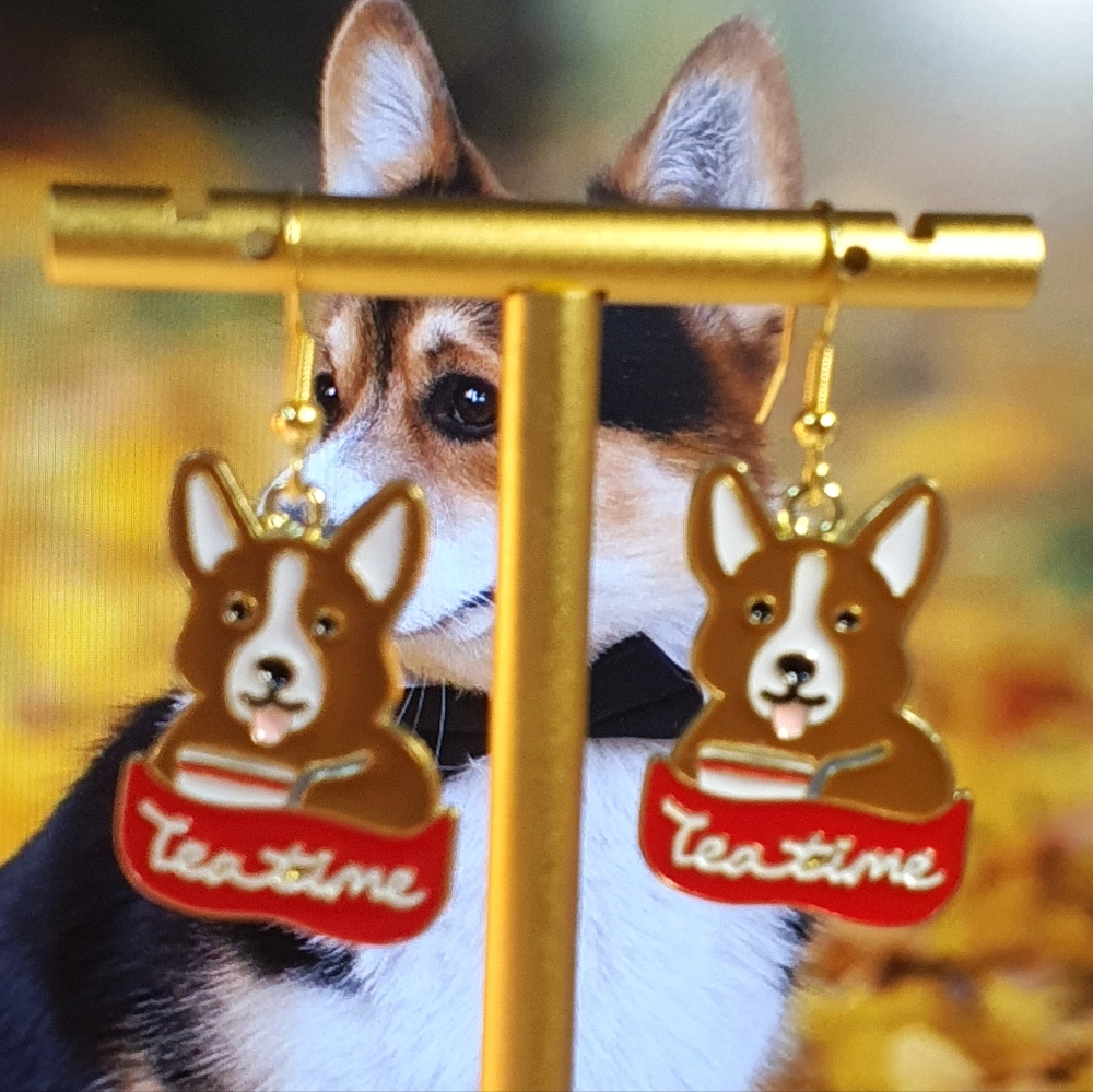 Corgi Dog Enamel Gold Metal Earings